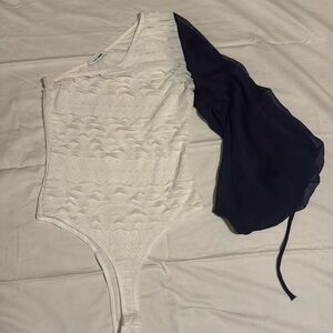 One Shoulder White/ Navy Combo Bodysuit